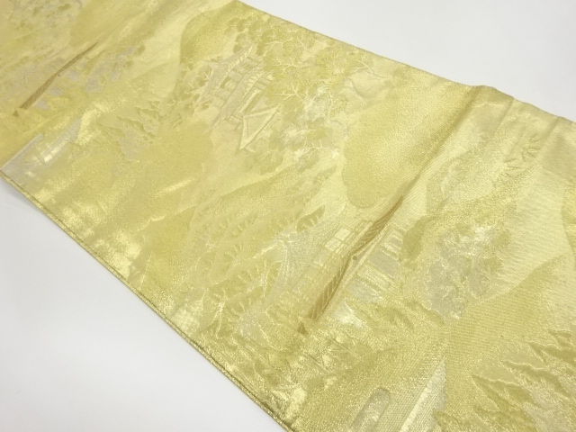 JAPANESE KIMONO / VINTAGE FUKURO OBI / GOLD / WOVEN SCENERY OF TEMPLE